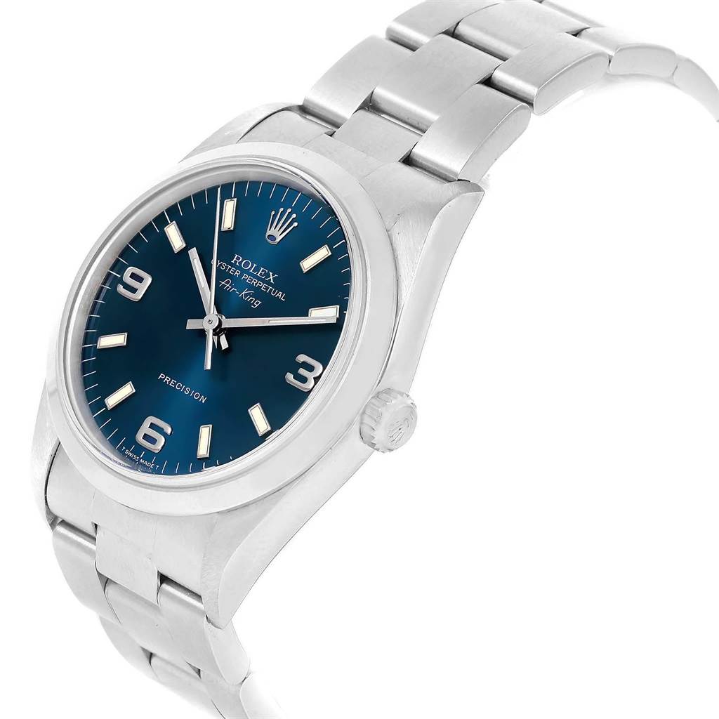 The image shows a Rolex Air-King 14000 Men's Stainless Steel Blue Dial 14000 Men's Stainless Steel Blue Dial watch at a slight angle, highlighting the face, bracelet, and crown.