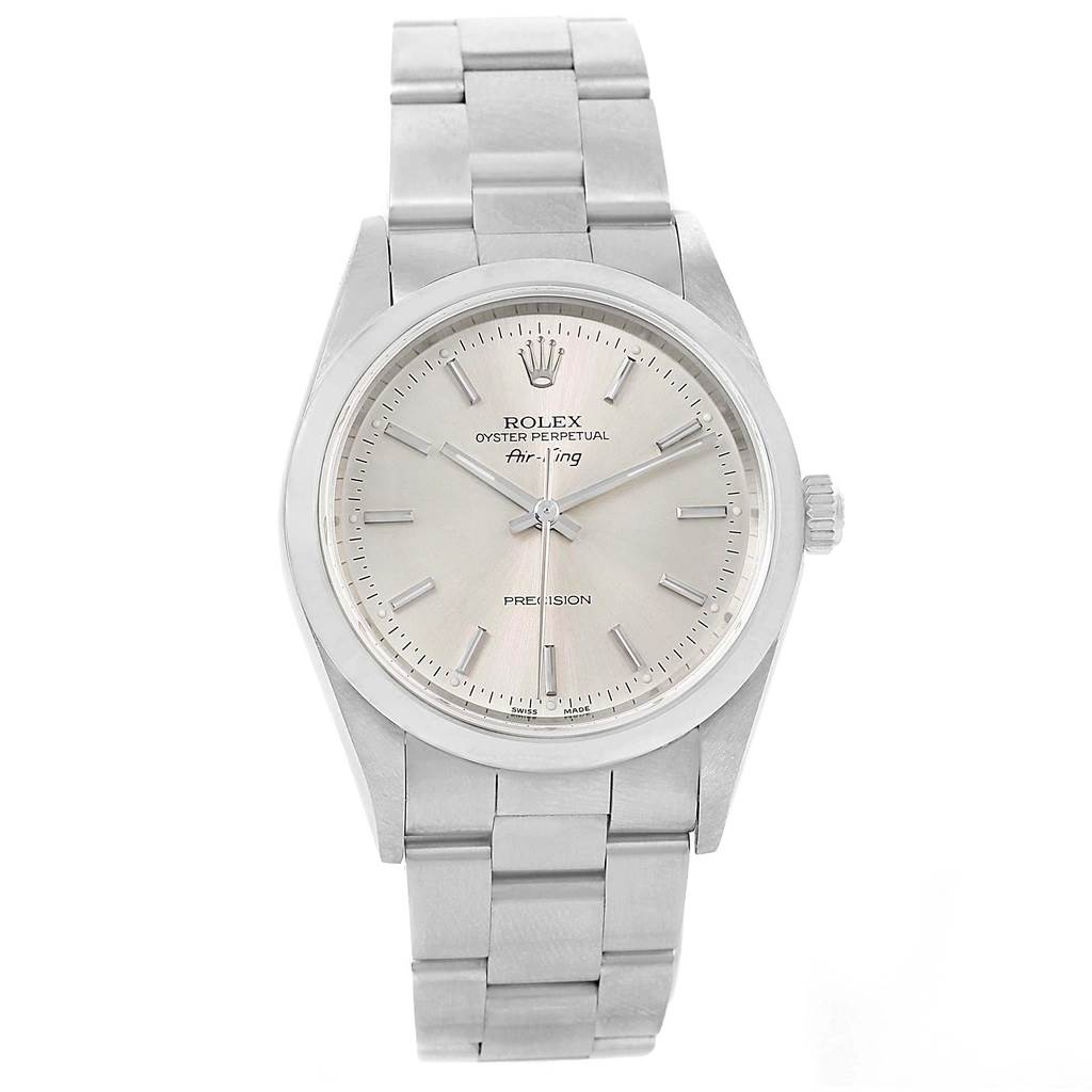 The image shows a front view of the Rolex Air-King 14000 Men's Stainless Steel Silver Dial 14000 Men's Stainless Steel Silver Dial watch, displaying its face, bezel, crown, and bracelet.