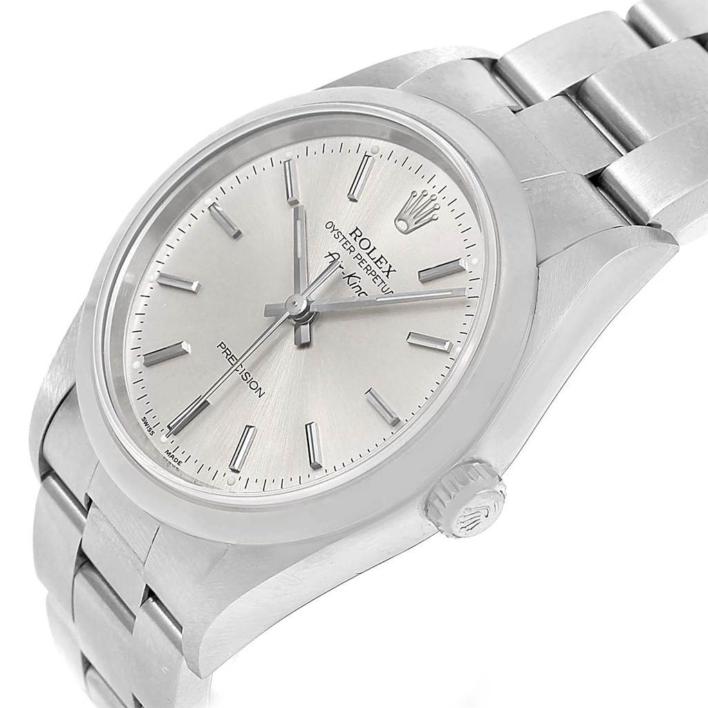 The Rolex Air-King 14000 Men's Stainless Steel Silver Dial 14000 Men's Stainless Steel Silver Dial watch is shown at a slight angle, highlighting the dial, crown, and metal bracelet.