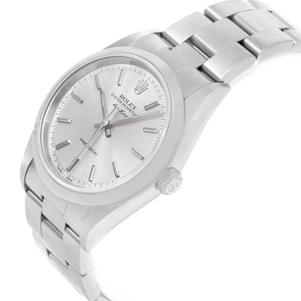 The image shows a Rolex Air-King 14000 Men's Stainless Steel Silver Dial 14000 Men's Stainless Steel Silver Dial watch angled from the top-right, highlighting the dial, crown, and bracelet.