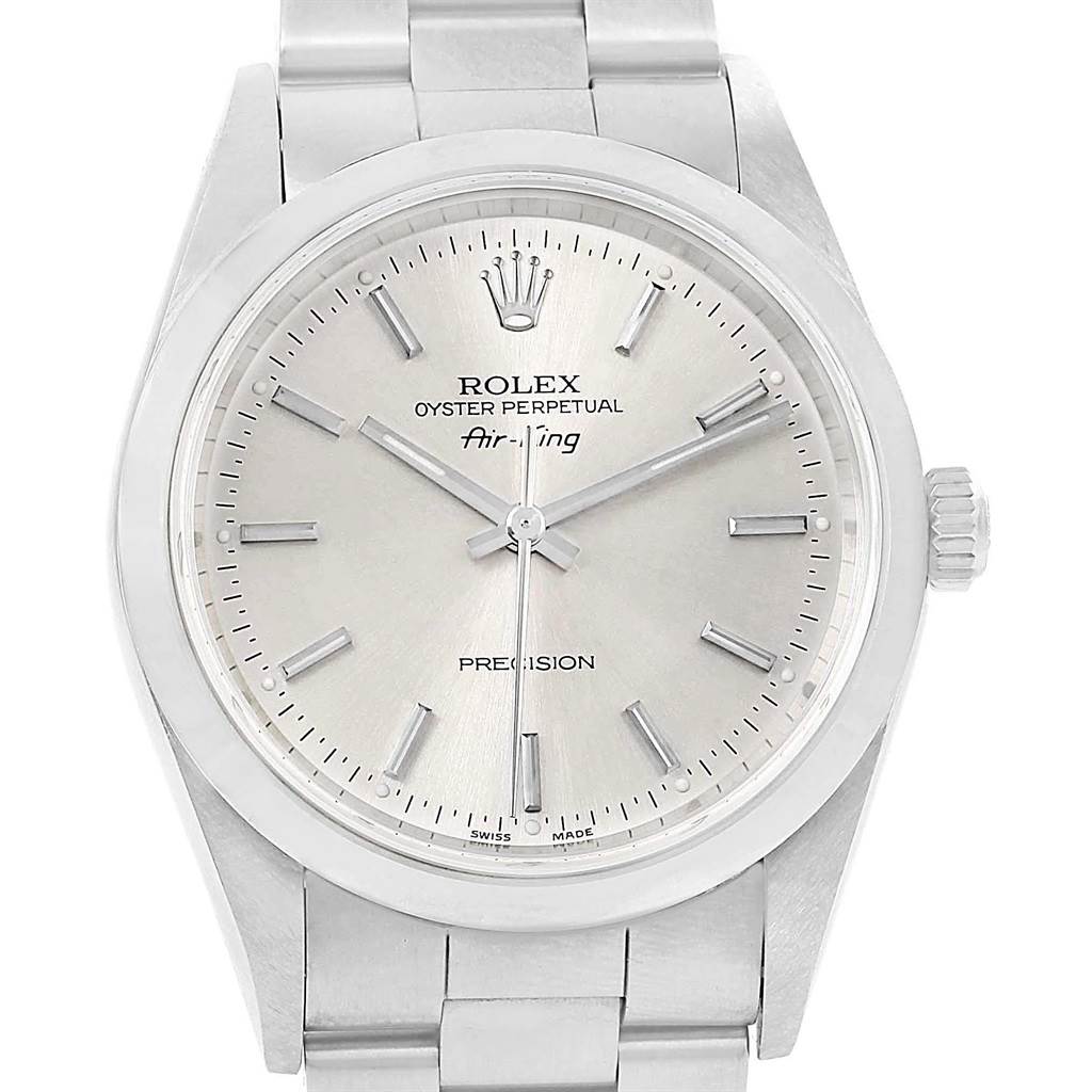 This image shows a frontal view of a Rolex Air-King 14000 Men's Stainless Steel Silver Dial 14000 Men's Stainless Steel Silver Dial watch, highlighting its dial, hands, crown, and part of the bracelet.