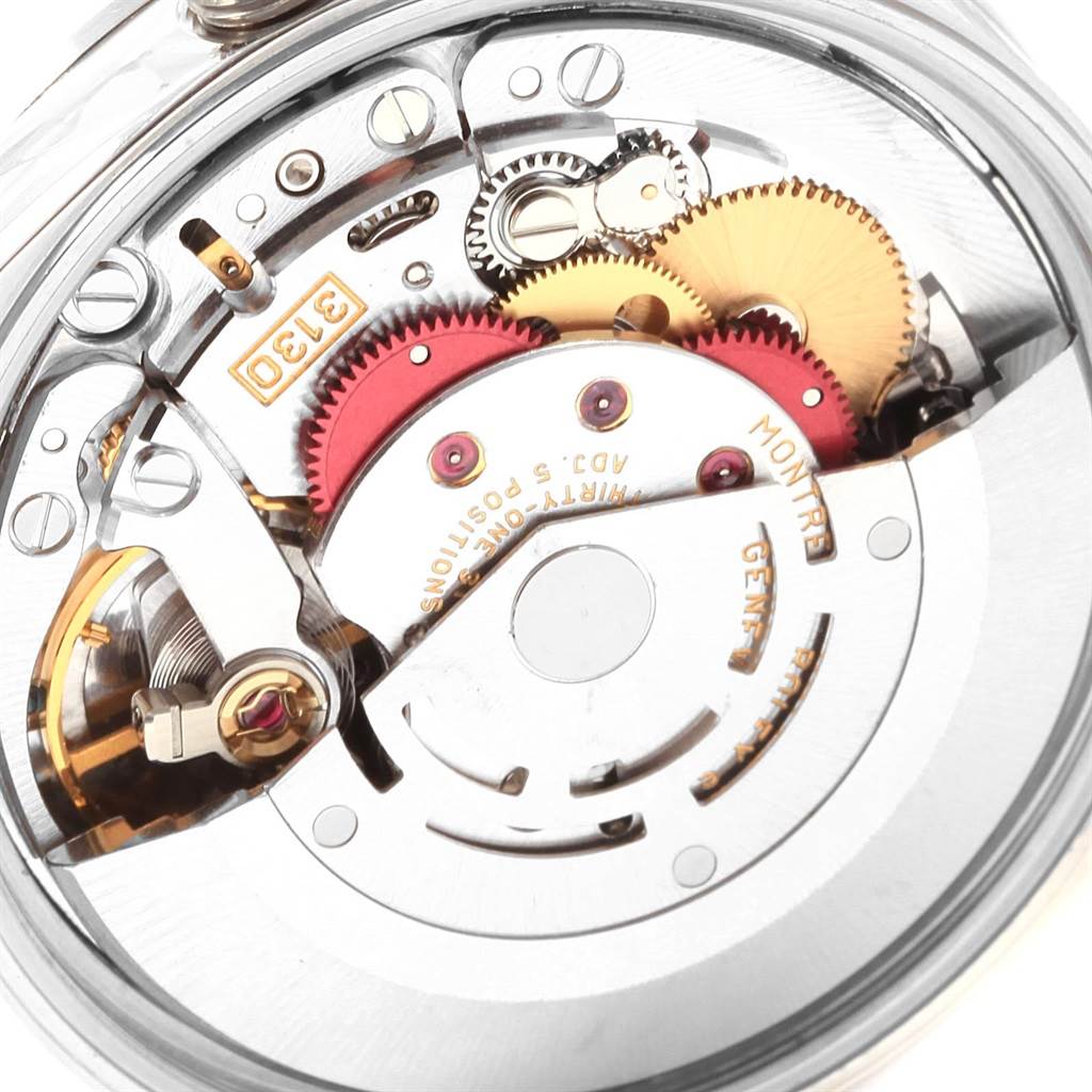 This image shows a detailed close-up of the movement and internal mechanical parts of a Rolex Air-King 14000 Men's Stainless Steel Silver Dial 14000 Men's Stainless Steel Silver Dial watch.