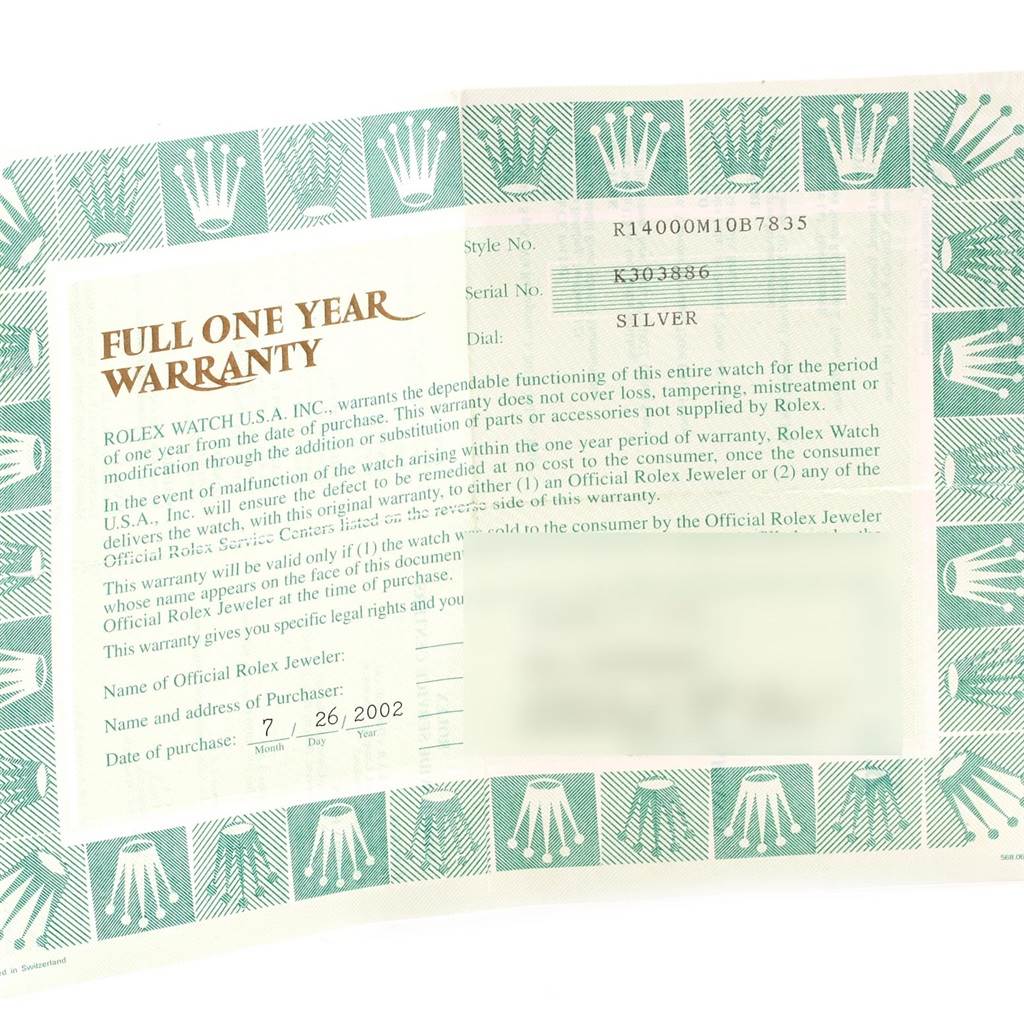The image shows a "Full One Year Warranty" card for the Rolex Air-King 14000 Men's Stainless Steel Silver Dial 14000 Men's Stainless Steel Silver Dial model, including the style and serial number details.