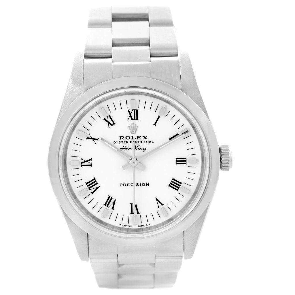 This image shows a front view of a Rolex Air-King 14000 Men's Stainless Steel White Dial 14000 Men's Stainless Steel White Dial watch, displaying its face, bezel, and bracelet.