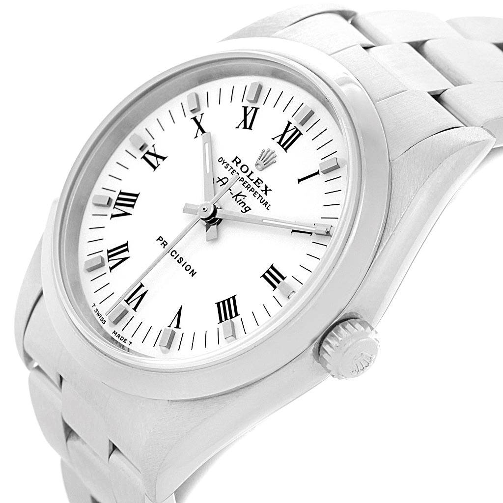 This image shows a close-up angle of a Rolex Air-King 14000 Men's Stainless Steel White Dial 14000 Men's Stainless Steel White Dial watch displaying its dial, bezel, crown, and part of the bracelet.