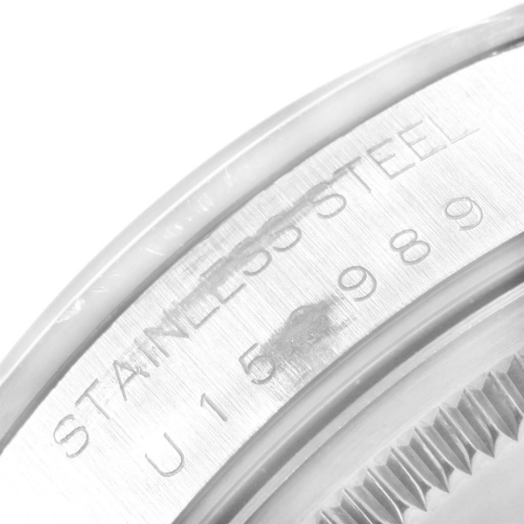 The image shows a close-up of the stainless steel case back of a Rolex Air-King 14000 Men's Stainless Steel White Dial 14000 Men's Stainless Steel White Dial watch.