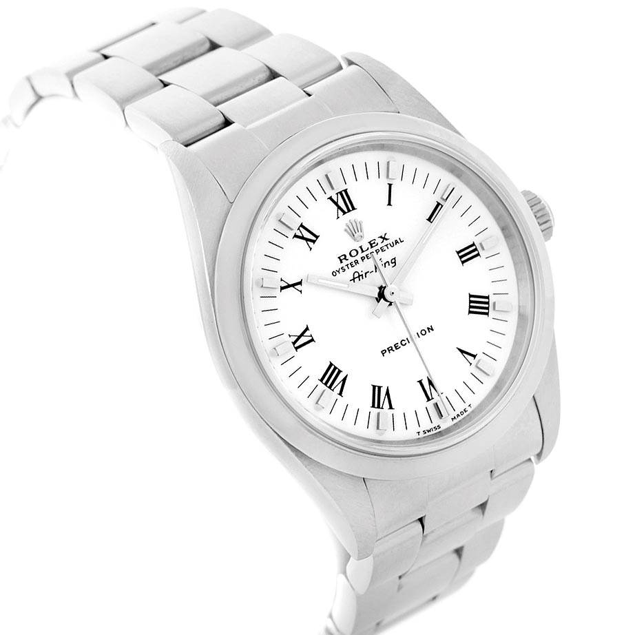 The Rolex Air-King 14000 Men's Stainless Steel White Dial 14000 Men's Stainless Steel White Dial watch is shown at a slight angle, featuring the face, bezel, crown, and part of the bracelet.