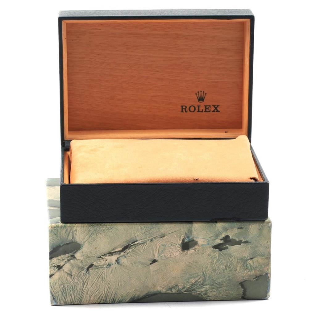 The image shows an open box for a Rolex Air-King 14000 Men's Stainless Steel White Dial 14000 Men's Stainless Steel White Dial watch, featuring the watch box with the Rolex logo inside.