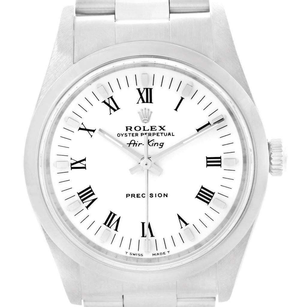 This image displays a front view of a Rolex Air-King 14000 Men's Stainless Steel White Dial 14000 Men's Stainless Steel White Dial watch, showing its dial with Roman numerals, hands, and part of the bracelet.