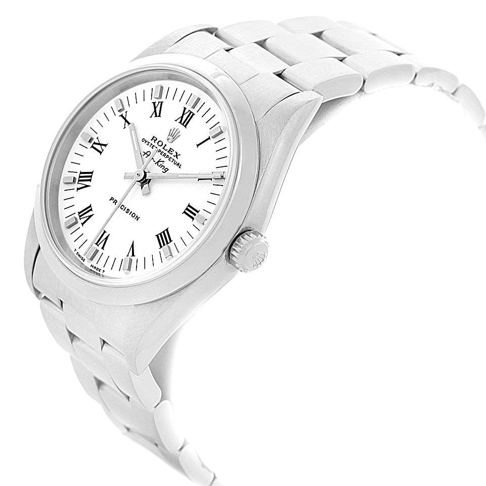 This image shows the Rolex Air-King 14000 Men's Stainless Steel White Dial 14000 Men's Stainless Steel White Dial watch at a tilted angle, highlighting the watch face, crown, and part of the bracelet.