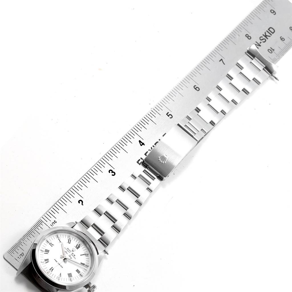 The image shows a Rolex Air-King 14000 Men's Stainless Steel White Dial 14000 Men's Stainless Steel White Dial watch laid flat with a ruler beside it, highlighting the bracelet length and clasp.
