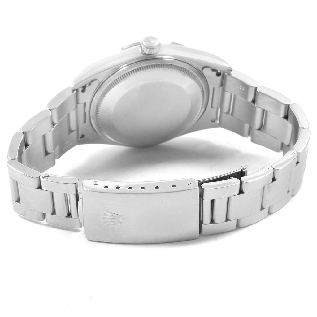 This image shows the back of the Rolex Air-King 14000 Men's Stainless Steel White Dial 14000 Men's Stainless Steel White Dial watch, including the case back and stainless steel bracelet clasp.