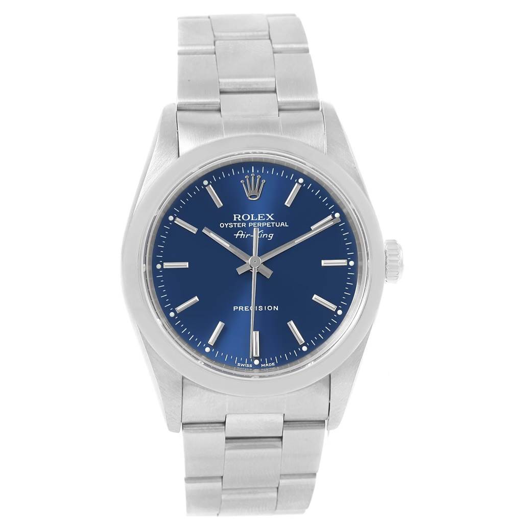 The image shows a front view of the Rolex Air-King 14000 Men's Stainless Steel Blue Dial 14000 Men's Stainless Steel Blue Dial watch, highlighting its blue dial, silver hour markers, and stainless steel bracelet.