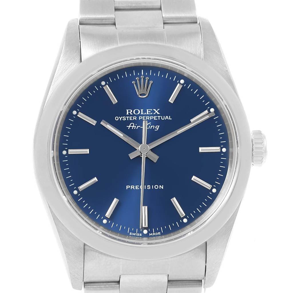 The image shows a front view of the Rolex Air-King 14000 Men's Stainless Steel Blue Dial 14000 Men's Stainless Steel Blue Dial watch with a blue dial and silver bracelet.