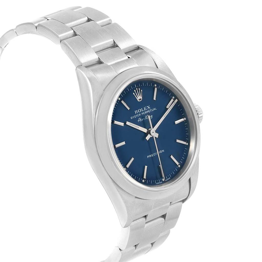 The image displays a Rolex Air-King 14000 Men's Stainless Steel Blue Dial 14000 Men's Stainless Steel Blue Dial watch at a three-quarter angle, showcasing its bracelet, case, and dial.