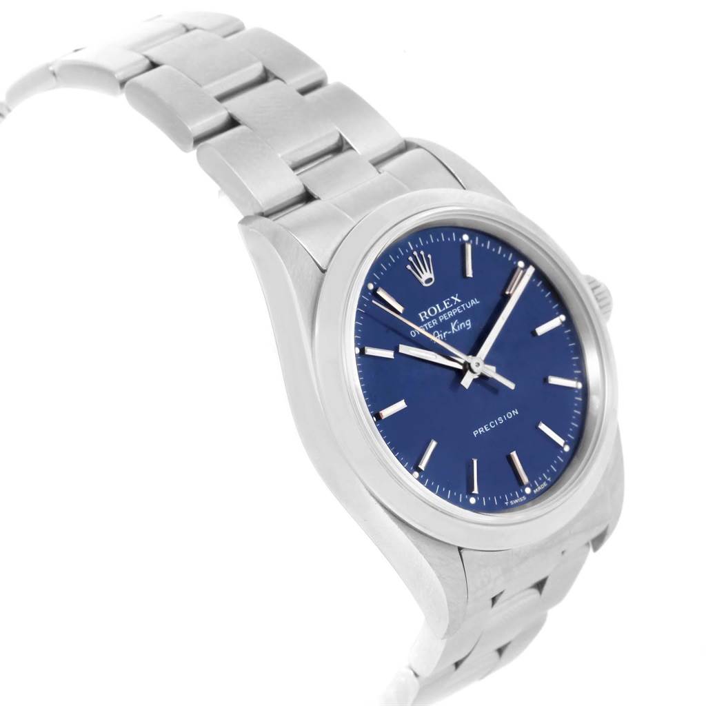 The image shows a Rolex Air-King 19794 Men's Stainless Steel Blue Dial 19794 Men's Stainless Steel Blue Dial watch at a slight side angle, highlighting its blue dial and silver bracelet.