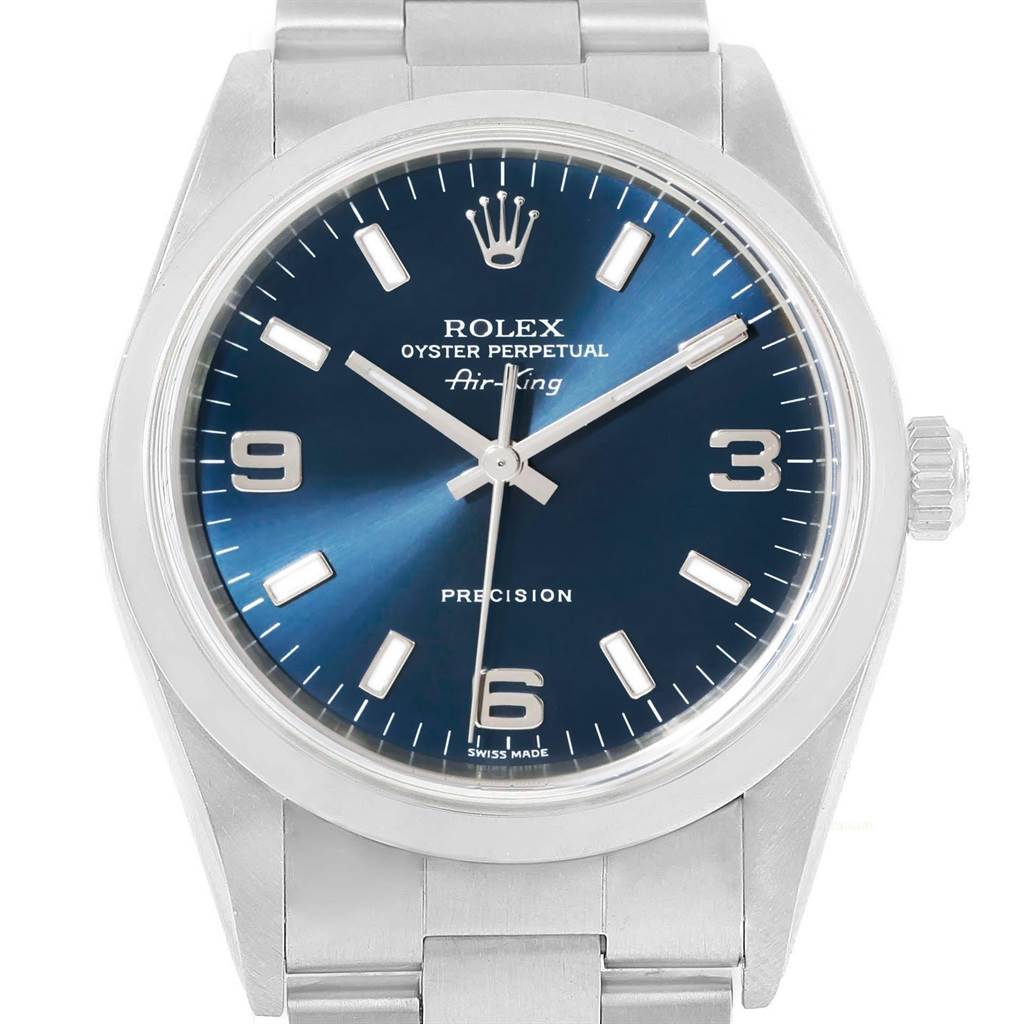 The image shows a frontal view of a Rolex Air-King 14000 Men's Stainless Steel Blue Dial 14000 Men's Stainless Steel Blue Dial watch displaying the face, bezel, crown, and part of the bracelet.