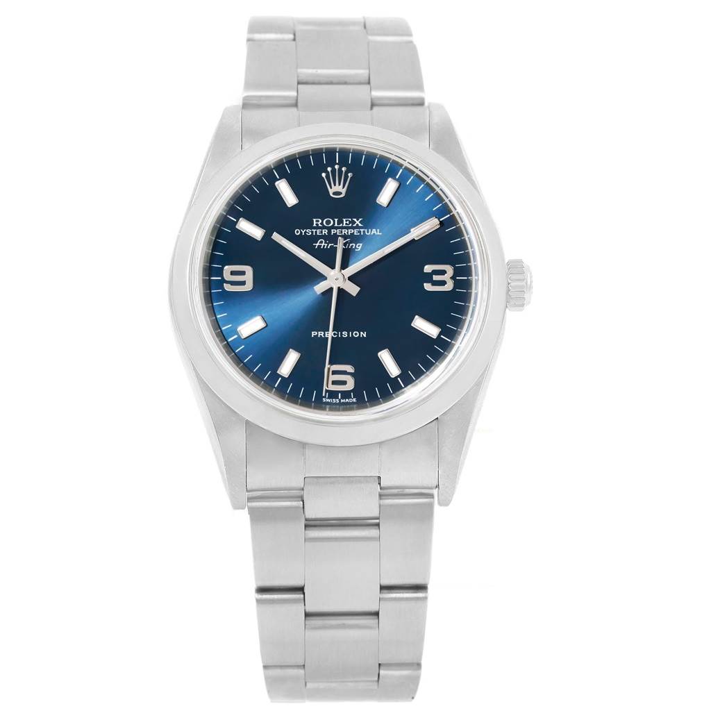 This image shows a frontal view of a Rolex Air-King 14000 Men's Stainless Steel Blue Dial 14000 Men's Stainless Steel Blue Dial watch, highlighting its dial, case, and bracelet.