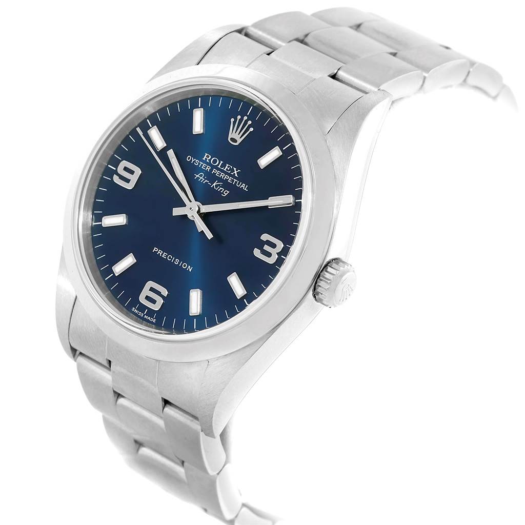 The image shows the dial, crown, and bracelet of a Rolex Air-King 14000 Men's Stainless Steel Blue Dial 14000 Men's Stainless Steel Blue Dial watch at a three-quarter angle.