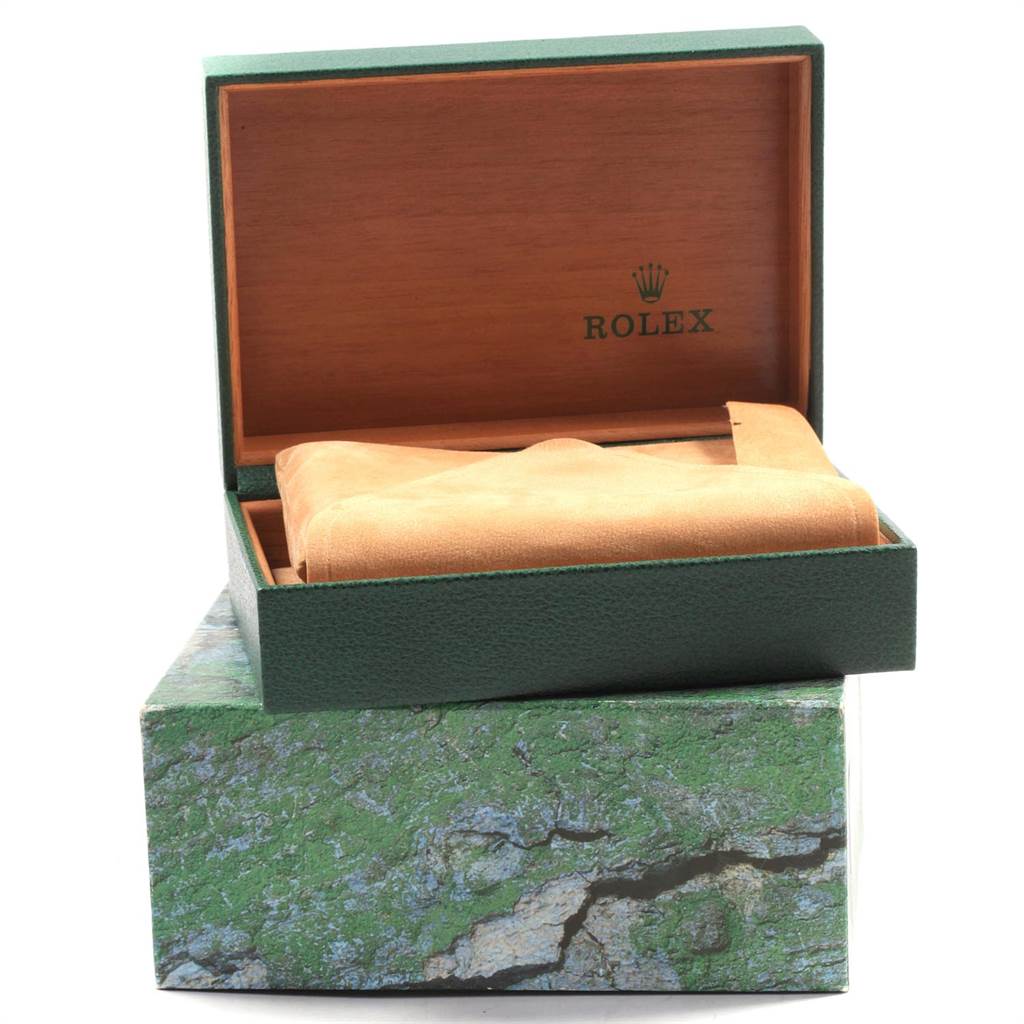 The image shows the box of a Rolex Air-King 14000 Men's Stainless Steel Pink Dial 14000 Men's Stainless Steel Pink Dial watch, with the top open, revealing the interior.