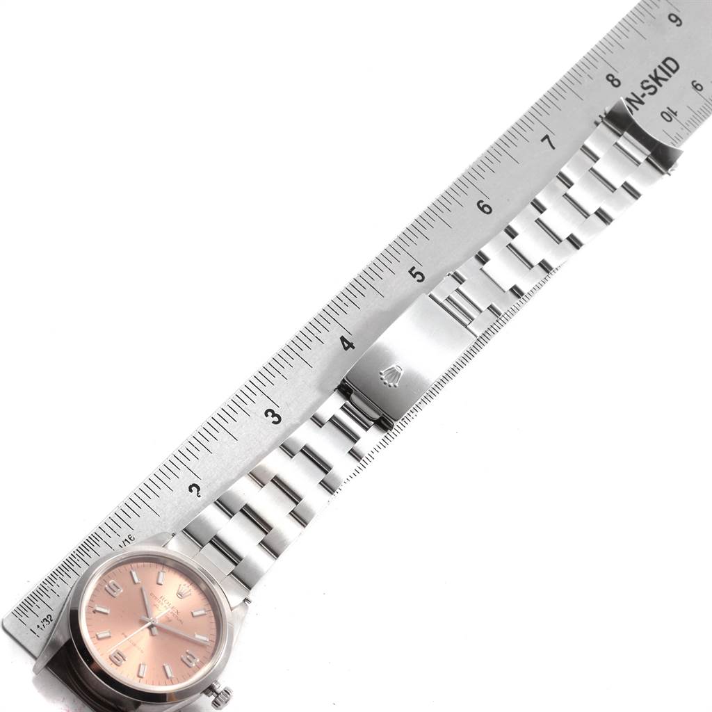 The image shows the face, dial, and bracelet of a Rolex Air-King 14000 Men's Stainless Steel Pink Dial 14000 Men's Stainless Steel Pink Dial watch, with a ruler measuring the bracelet length.
