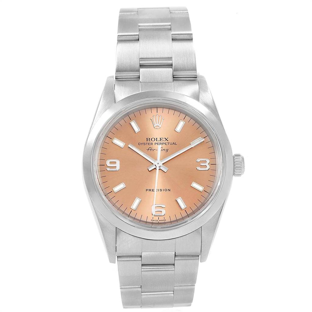 This image shows a front angle of a Rolex Air-King 14000 Men's Stainless Steel Pink Dial 14000 Men's Stainless Steel Pink Dial watch featuring a metal bracelet and a rose gold dial.