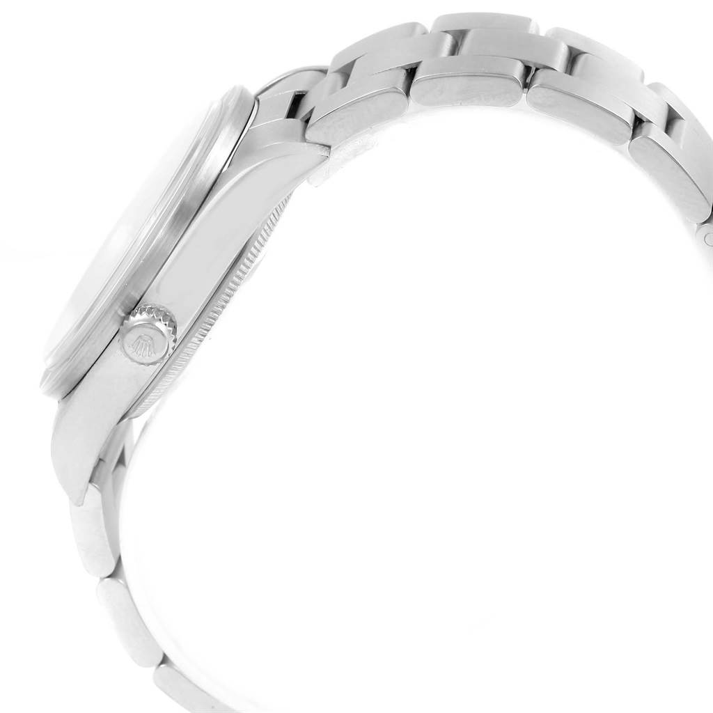 The image shows a side profile of a Rolex Air-King 14010 Men's Stainless Steel Silver Dial 14010 Men's Stainless Steel Silver Dial watch, highlighting its crown, case, and bracelet links.