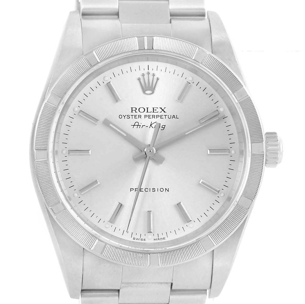 This image shows a front view of the Rolex Air-King 14010 Men's Stainless Steel Silver Dial 14010 Men's Stainless Steel Silver Dial watch, displaying its dial, hands, and part of its bracelet.