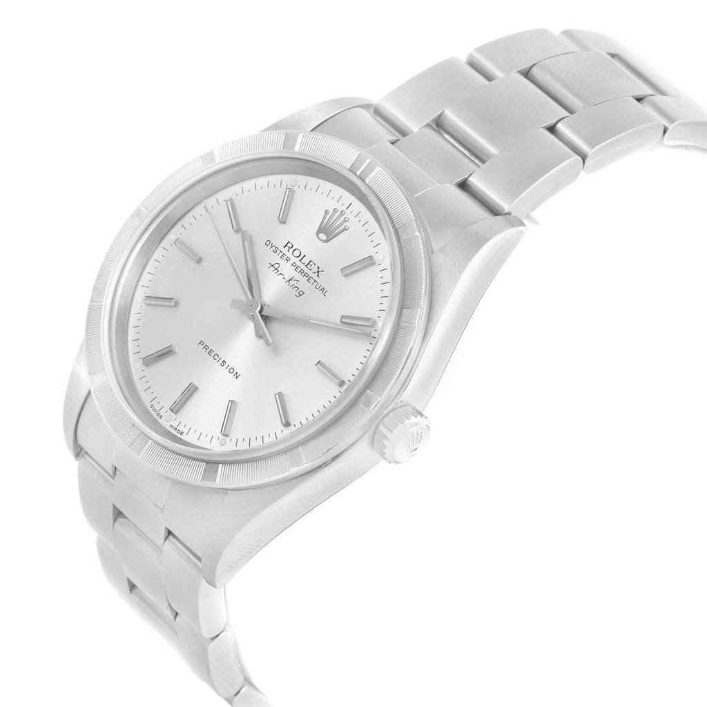 The Rolex Air-King 14010 Men's Stainless Steel Silver Dial 14010 Men's Stainless Steel Silver Dial watch is shown at a slight angle from the front, displaying its face, bezel, crown, and part of its bracelet.