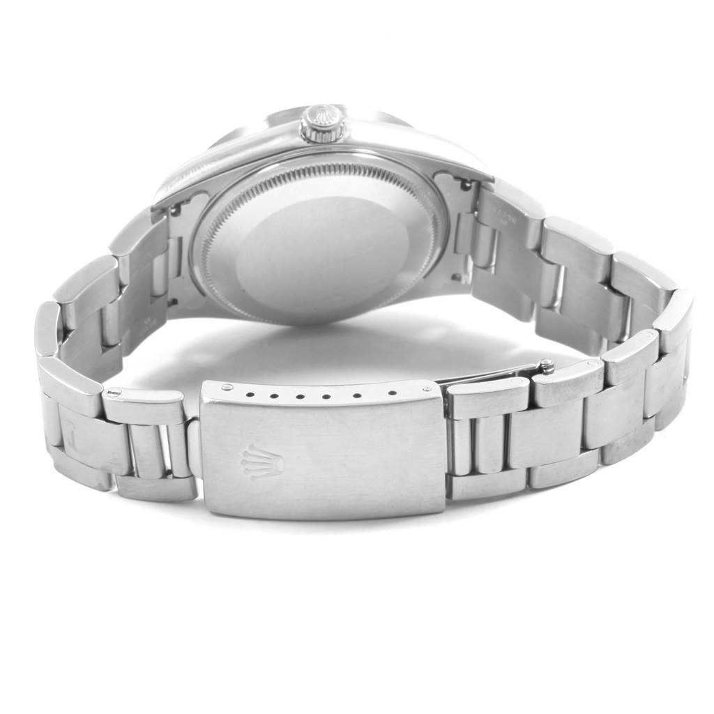 The image shows the back view of the Rolex Air-King 14010 Men's Stainless Steel Silver Dial 14010 Men's Stainless Steel Silver Dial watch, focusing on the case back, crown, and bracelet with clasp.