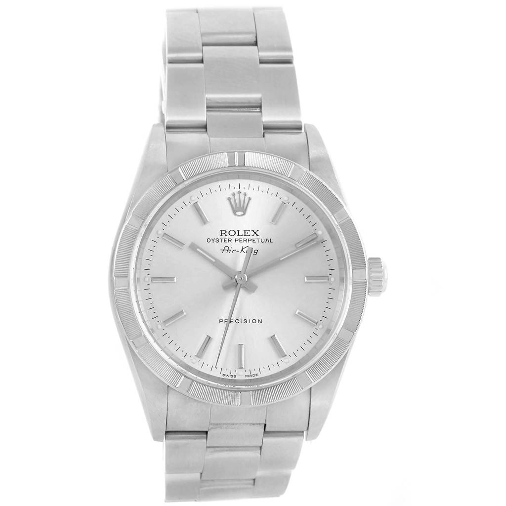 The Rolex Air-King 14010 Men's Stainless Steel Silver Dial 14010 Men's Stainless Steel Silver Dial watch is shown from a front view, detailing its face, bezel, and bracelet.