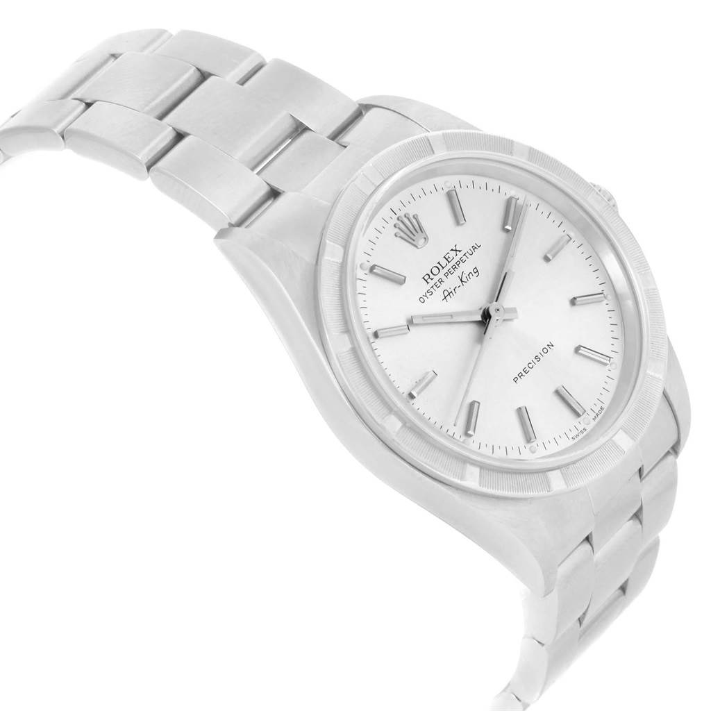 The image shows a side angle of a Rolex Air-King 14010 Men's Stainless Steel Silver Dial 14010 Men's Stainless Steel Silver Dial watch, highlighting the bracelet, bezel, and face with markers.