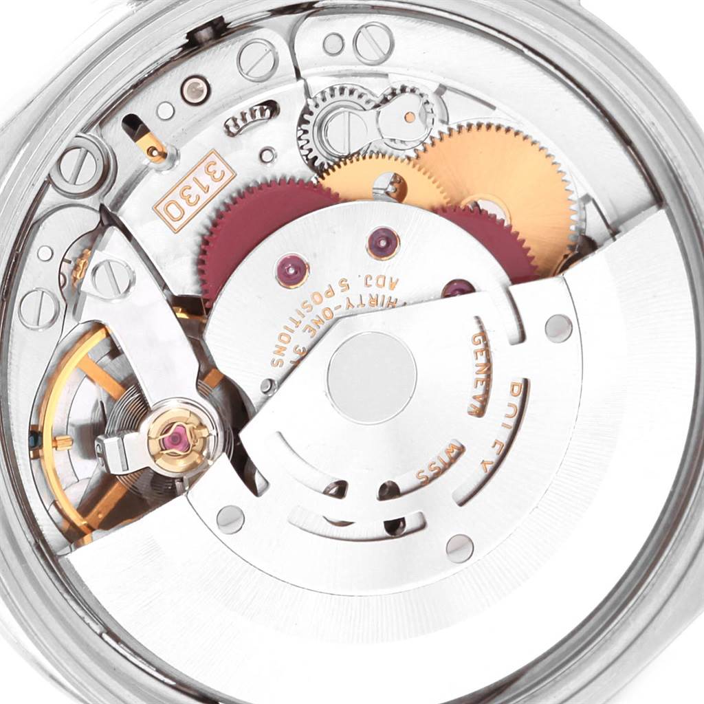 This image shows the internal mechanical movement of the Rolex Air-King 14000 Men's Stainless Steel Black Dial 14000 Men's Stainless Steel Black Dial watch from a close-up angle, highlighting gears and components.