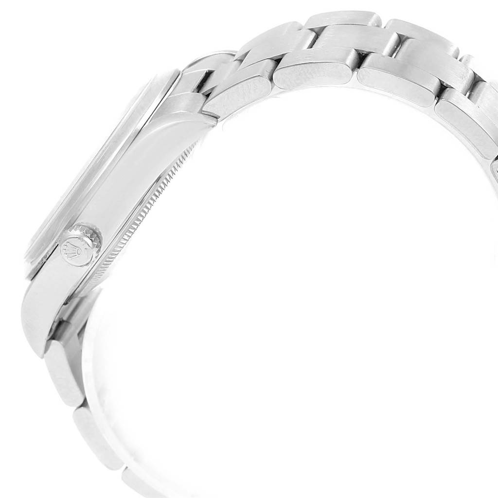 The image shows a side view of the Rolex Air-King 14000 Men's Stainless Steel Blue Dial 14000 Men's Stainless Steel Blue Dial watch, focusing on the bracelet and case, including the crown with the Rolex logo.