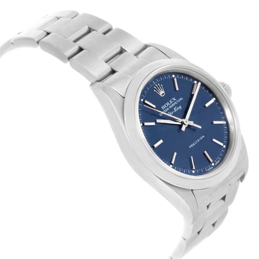 This image shows the front and side angle of a Rolex Air-King 14000 Men's Stainless Steel Blue Dial 14000 Men's Stainless Steel Blue Dial watch, highlighting its blue dial, stainless steel bezel, and band.