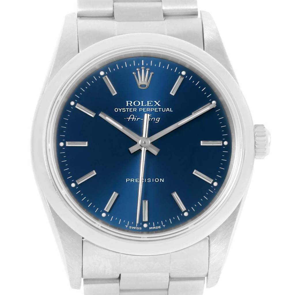This image shows a front view of the Rolex Air-King 14000 Men's Stainless Steel Blue Dial 14000 Men's Stainless Steel Blue Dial watch, highlighting its blue dial and stainless steel bracelet.