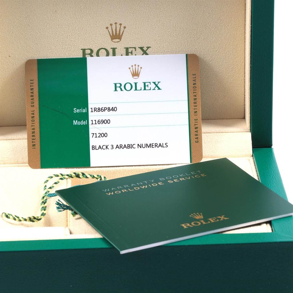 The image shows the warranty card and booklet for a Rolex Air-King 116900 Men's Stainless Steel Black Dial 116900 Men's Stainless Steel Black Dial model 116900.