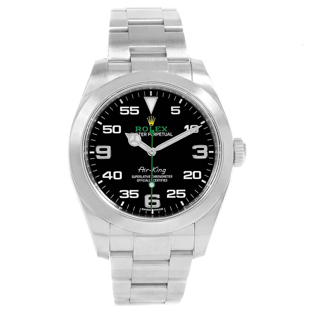 The image shows a front view of the Rolex Air-King 116900 Men's Stainless Steel Black Dial 116900 Men's Stainless Steel Black Dial watch, displaying the dial, hands, bezel, and bracelet.