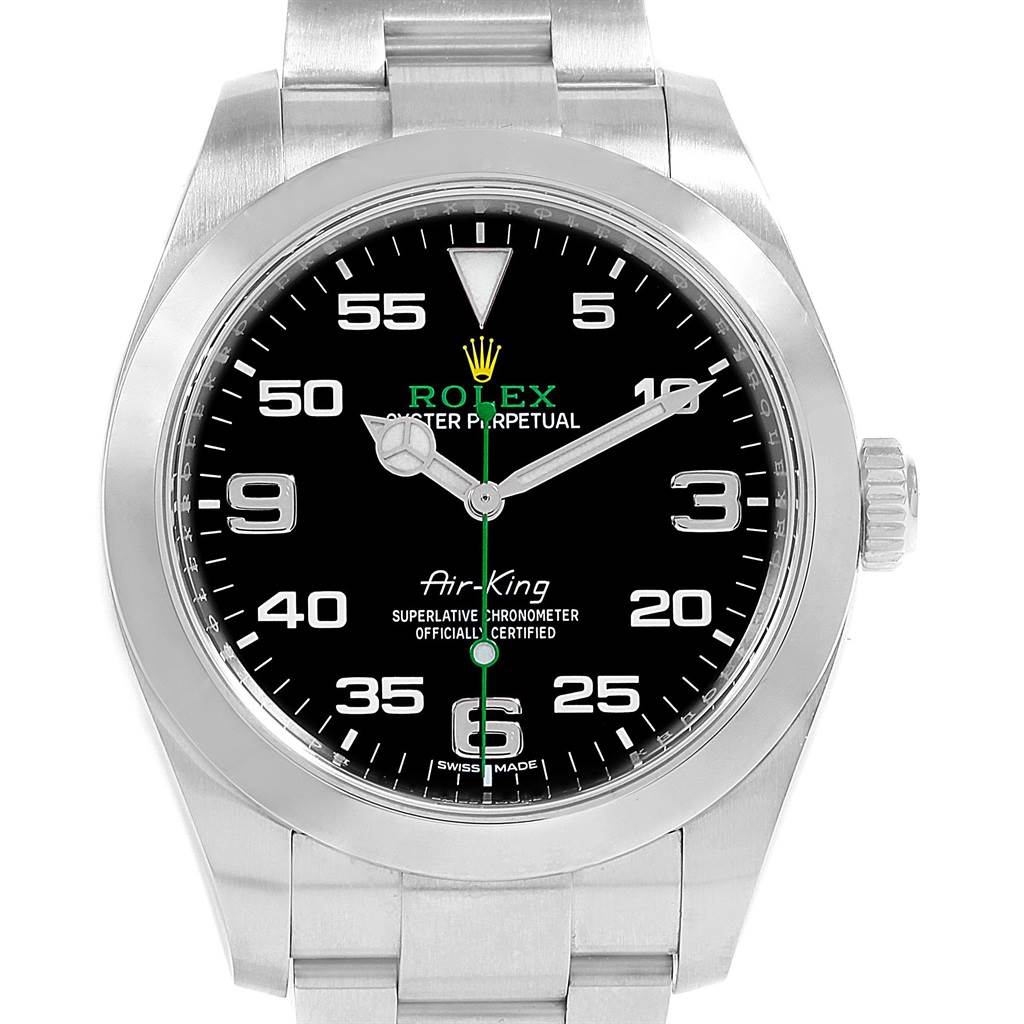 This image shows a front view of the Rolex Air-King 116900 Men's Stainless Steel Black Dial 116900 Men's Stainless Steel Black Dial watch, highlighting its black dial, silver numerals, and bracelet.