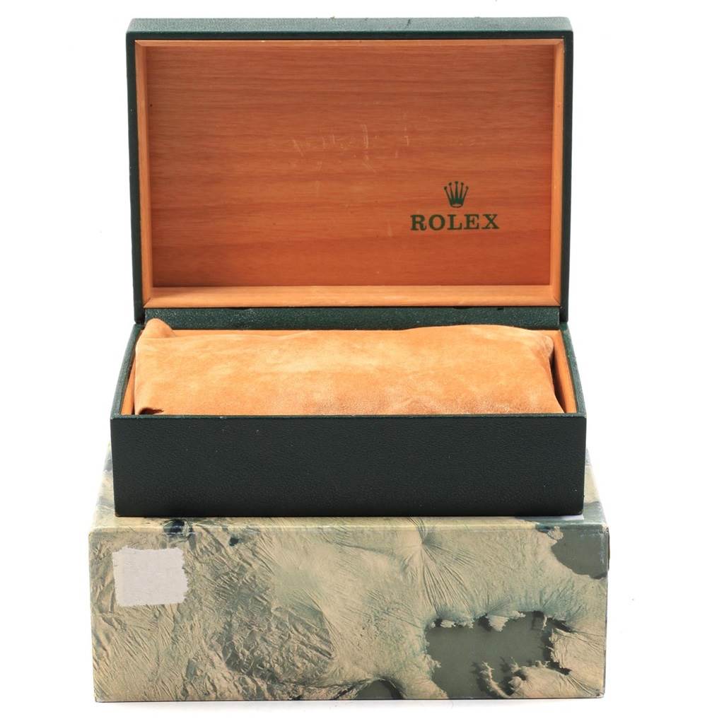 The image shows an open Rolex Air-King 14000 Men's Stainless Steel Black Dial 14000 Men's Stainless Steel Black Dial watch box with a pillow, viewed from the front angle.