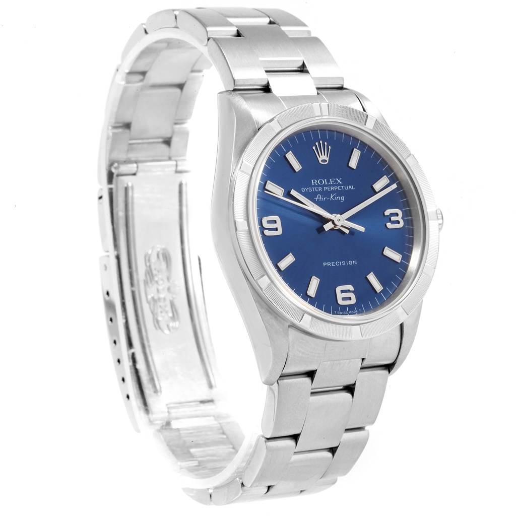 The image shows a Rolex Air-King 14010 Men's Stainless Steel Blue Dial 14010 Men's Stainless Steel Blue Dial watch from a front-side angle, highlighting the blue dial, case, and metal bracelet.