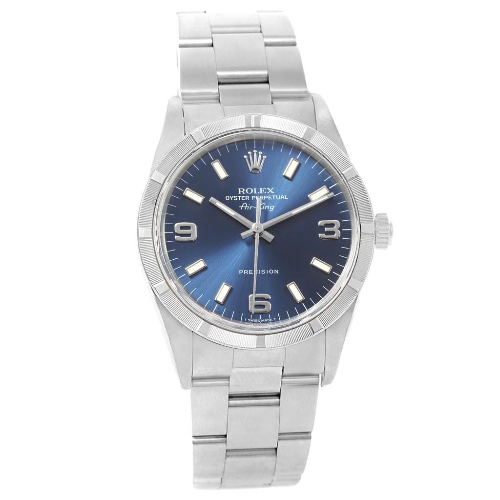 The image shows a front view of a Rolex Air-King 14010 Men's Stainless Steel Blue Dial 14010 Men's Stainless Steel Blue Dial watch, displaying the face, bezel, crown, and bracelet.