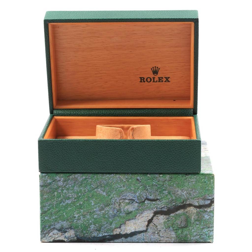 This image shows an open Rolex Air-King 14010 Men's Stainless Steel Blue Dial 14010 Men's Stainless Steel Blue Dial watch box, featuring the iconic Rolex branding on the inner lid.