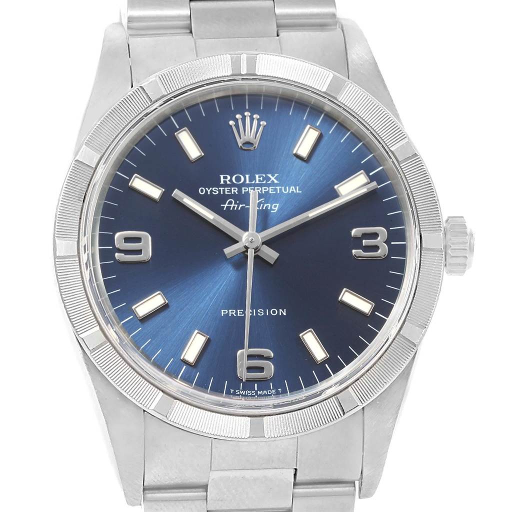 The image shows a front view of the Rolex Air-King 14010 Men's Stainless Steel Blue Dial 14010 Men's Stainless Steel Blue Dial watch, highlighting the dial, bezel, and part of the bracelet.