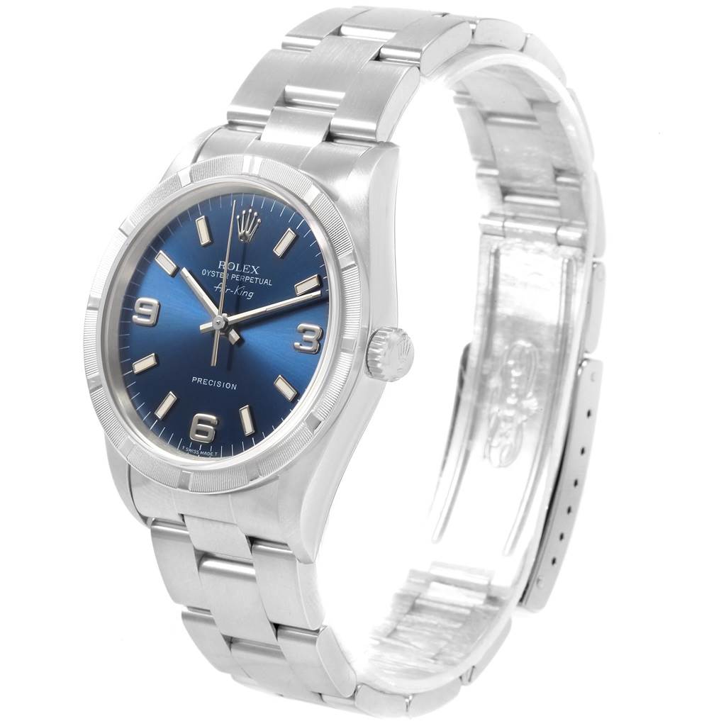 The image shows a Rolex Air-King 14010 Men's Stainless Steel Blue Dial 14010 Men's Stainless Steel Blue Dial watch at a three-quarter angle, highlighting the face, bezel, crown, and bracelet.