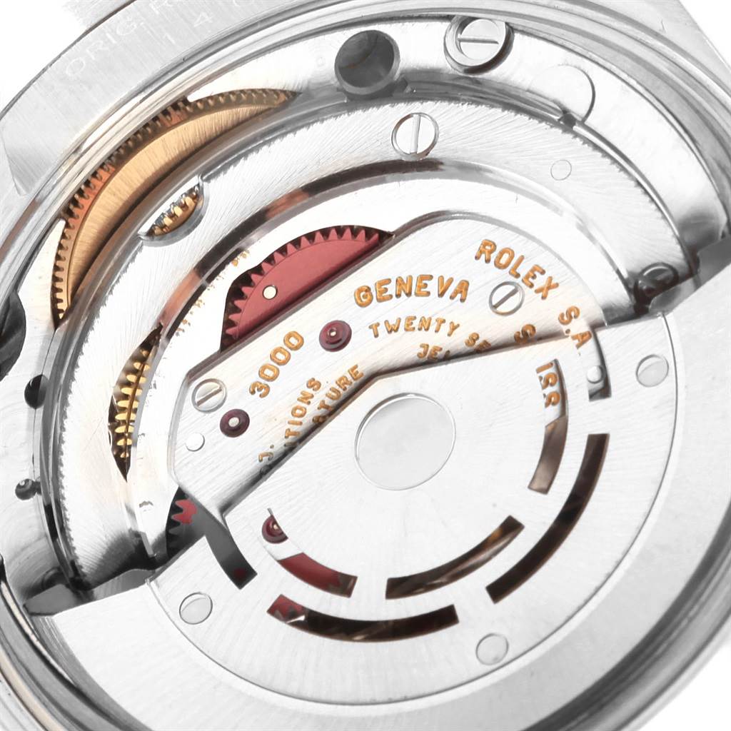 This is a close-up view of the Rolex Air-King 14010 Men's Stainless Steel Blue Dial 14010 Men's Stainless Steel Blue Dial's movement, showcasing detailed gear and rotor components.