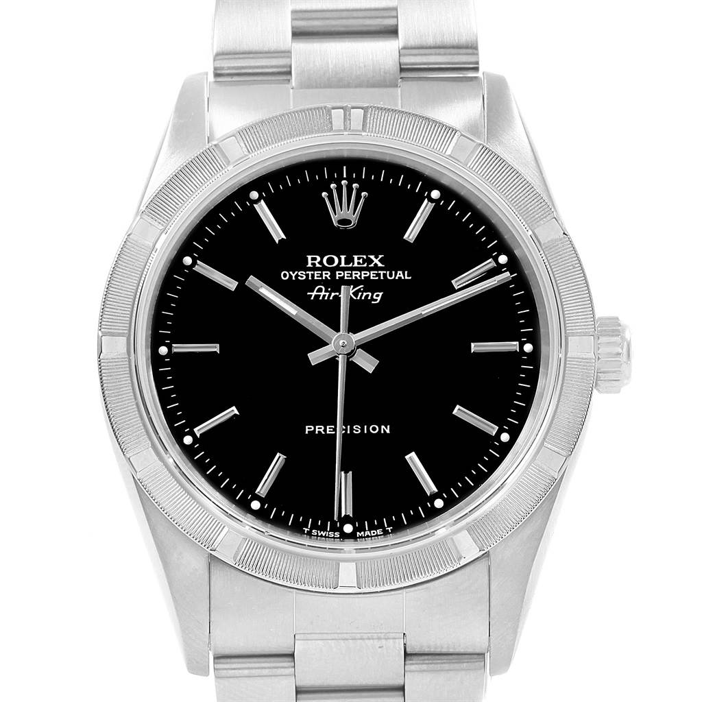 The image shows a front view of a Rolex Air-King 14010 Men's Stainless Steel Black Dial 14010 Men's Stainless Steel Black Dial watch, highlighting its black dial, stainless steel case, and bracelet.