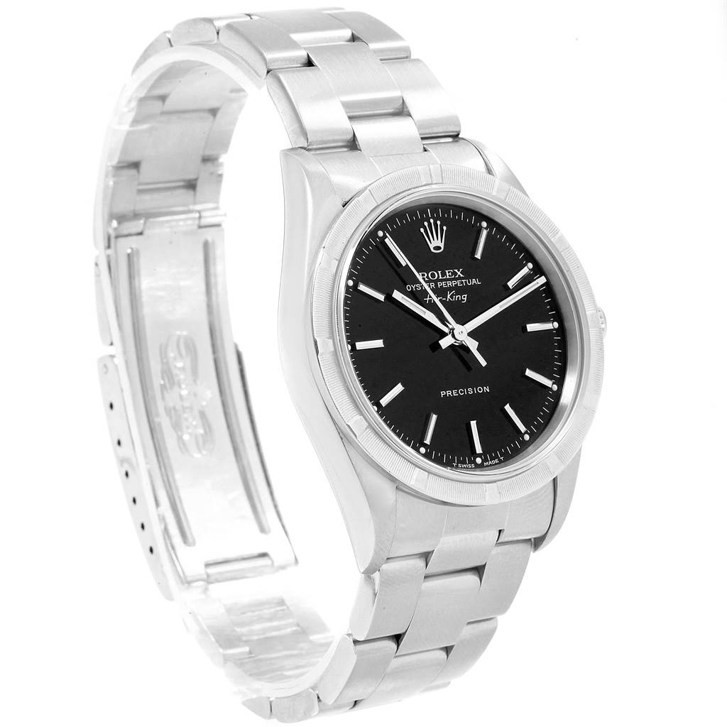 This image shows a Rolex Air-King 14010 Men's Stainless Steel Black Dial 14010 Men's Stainless Steel Black Dial watch from a side angle, highlighting the face, bezel, and part of the stainless steel bracelet.