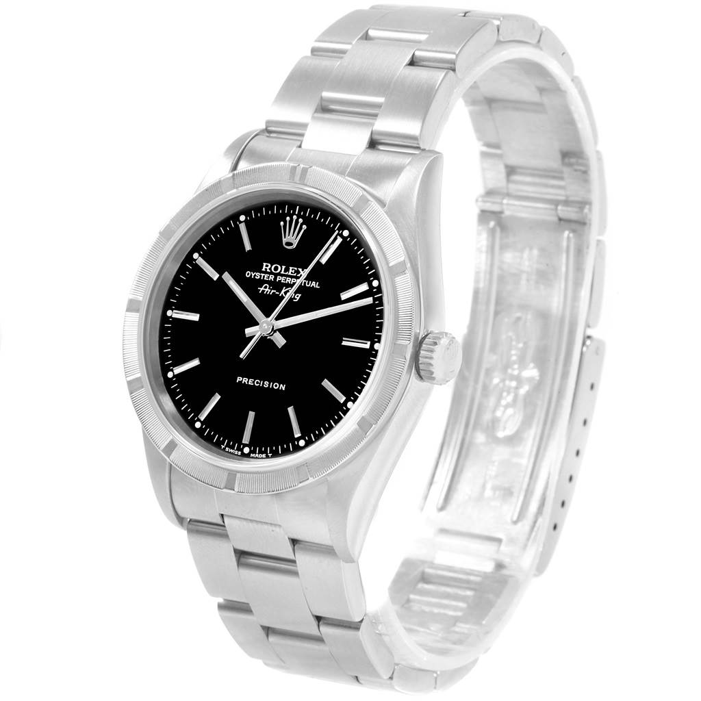 The image shows a Rolex Air-King 14010 Men's Stainless Steel Black Dial 14010 Men's Stainless Steel Black Dial watch at an angled front view, highlighting its black dial, stainless steel bracelet, and case.