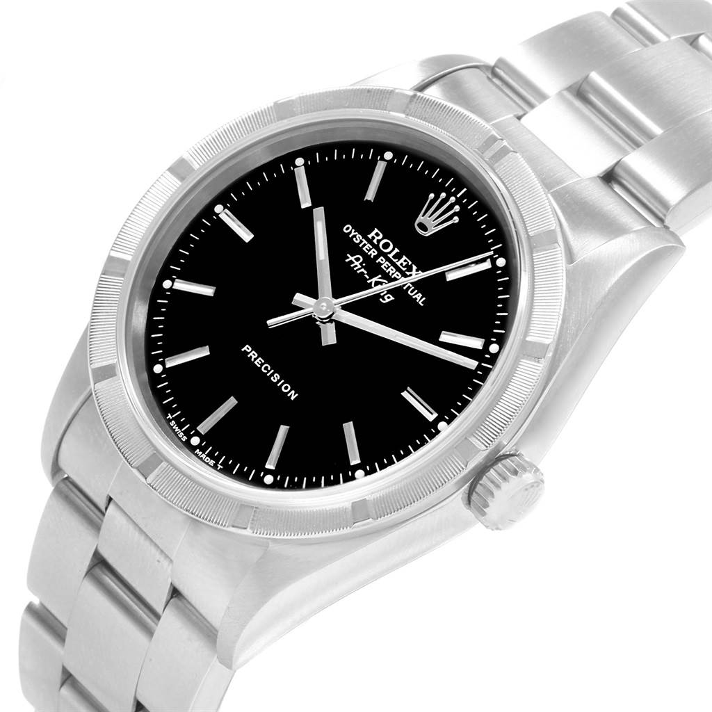 The image shows a Rolex Air-King 14010 Men's Stainless Steel Black Dial 14010 Men's Stainless Steel Black Dial watch at a slight angle, highlighting its black dial, bezel, crown, and the bracelet's links.